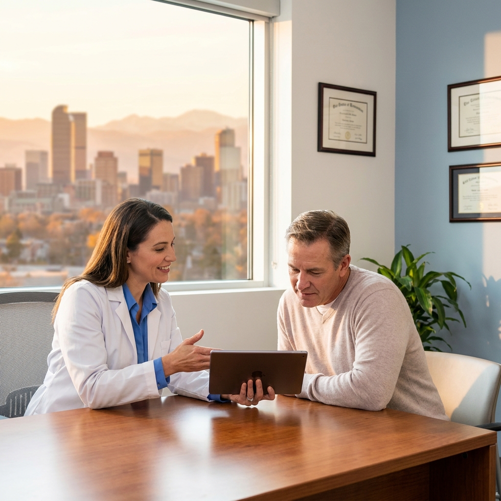 Doctor and patient consulting in Denver stem cell therapy clinic with mountain skyline view
