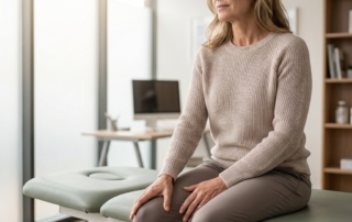 Person examining pain on inside of knee with no swelling in a modern clinic setting